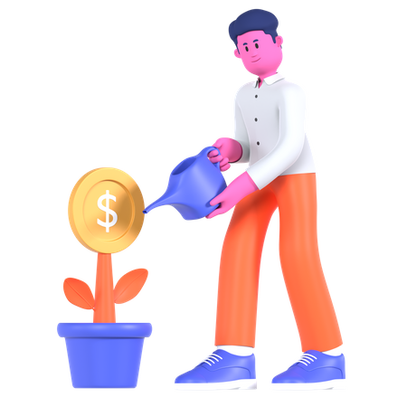 Empresário regando planta de dólar  3D Illustration