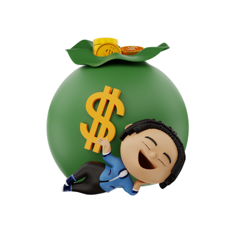 Empresário relaxando com saco de dinheiro  3D Illustration