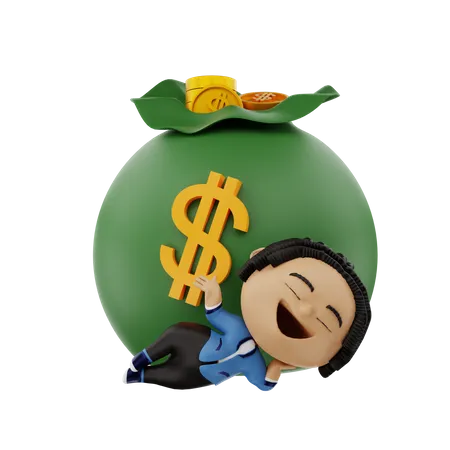 Empresário relaxando com saco de dinheiro  3D Illustration