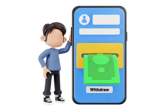 El hombre de negocios retira dinero en línea desde el teléfono inteligente  3D Illustration