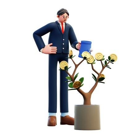 Hombre de negocios, regar, dinero, planta  3D Illustration