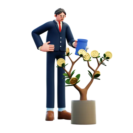 Hombre de negocios, regar, dinero, planta  3D Illustration