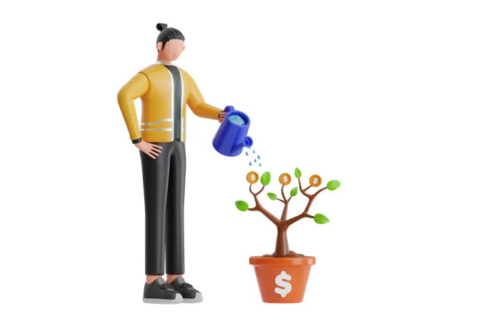 Empresario regando la planta del dinero para hacer crecer el dinero  3D Illustration