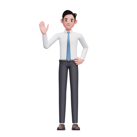 Hombre de negocios saluda, vestido con camisa larga y corbata azul  3D Illustration