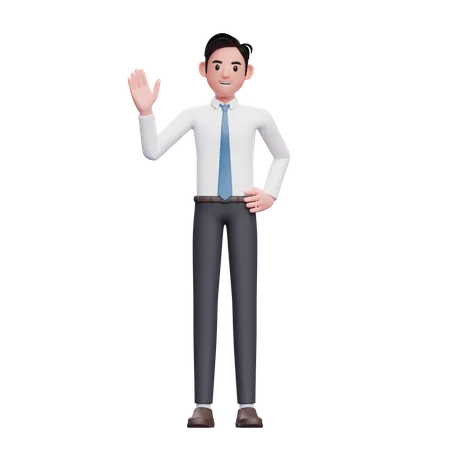 Hombre de negocios saluda, vestido con camisa larga y corbata azul  3D Illustration