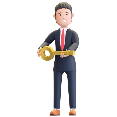 Empresario Segurando A Chave De Ouro Para A Ilustracao 3 D Do Personagem De Sucesso 3D Illustration