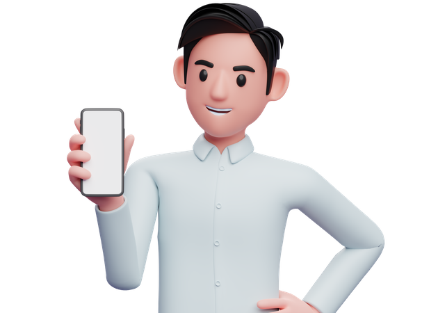 Empresário segurando e olhando o telefone com a mão esquerda na cintura  3D Illustration