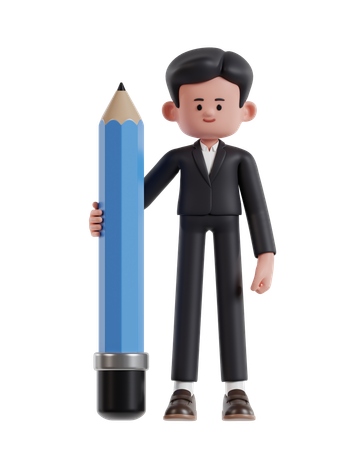 Empresário segurando um lápis grande  3D Illustration