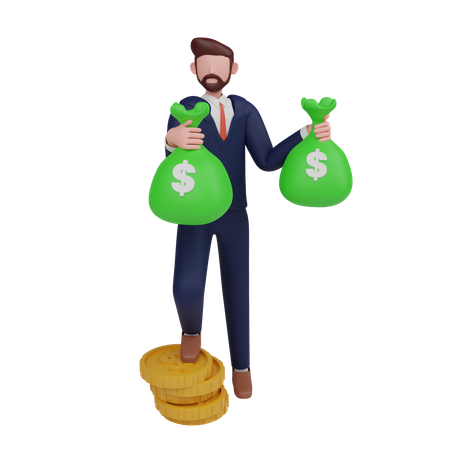 Empresário segurando um saco de dinheiro  3D Illustration