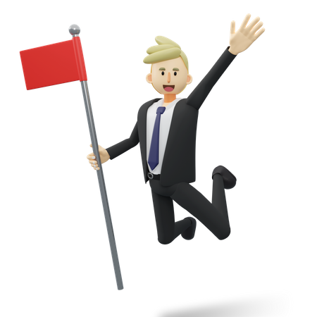 Empresário segurando a bandeira do objetivo de sucesso e pulando  3D Illustration
