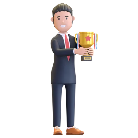 Empresário segurando troféu conquista de sucesso  3D Illustration