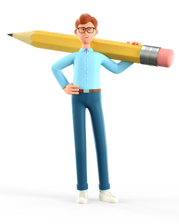 Empresário segurando um lápis grande no ombro  3D Illustration