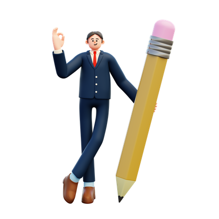 Empresário segurando um lápis grande e mostrando um gesto ok  3D Illustration
