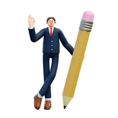 Empresário segurando um lápis grande e mostrando um gesto ok  3D Illustration