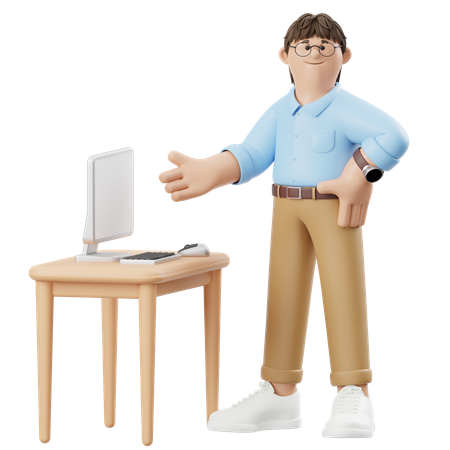Hombre de negocios señalando con las manos al monitor  3D Illustration