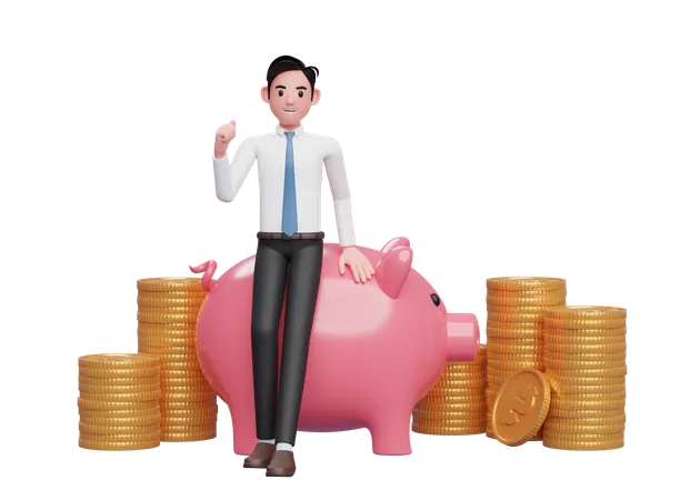 Empresário sentado apoiado no cofrinho de porco rosa celebrando as mãos cerradas, renderização do conceito de investimento empresarial  3D Illustration
