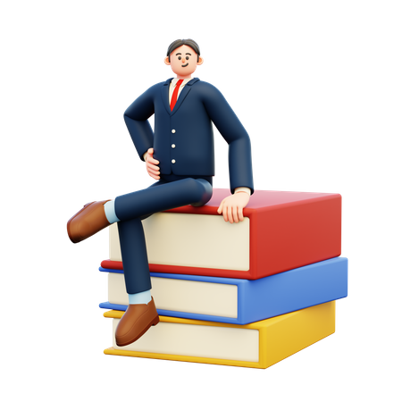 Empresário sentado em livros  3D Illustration