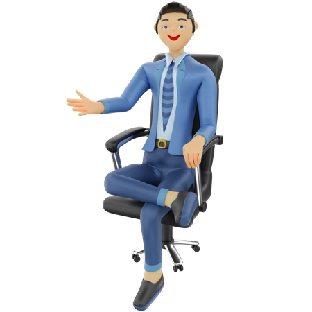 Hombre de negocios sentado en una silla de oficina con pose de bienvenida  3D Illustration