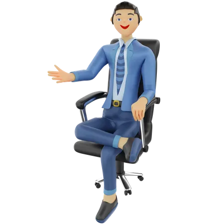 Hombre de negocios sentado en una silla de oficina con pose de bienvenida  3D Illustration