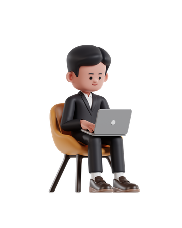 Hombre de negocios sentado en una silla y trabajando en una computadora portátil  3D Illustration
