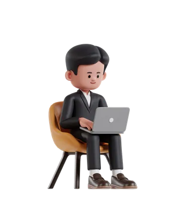 Hombre de negocios sentado en una silla y trabajando en una computadora portátil  3D Illustration