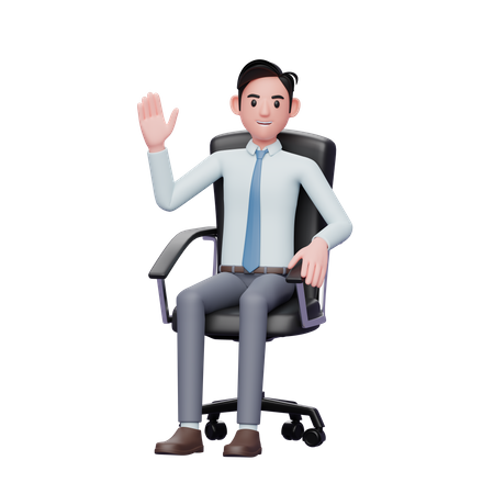 Empresário sentado na cadeira do escritório, acenando com a mão  3D Illustration