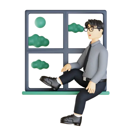 Empresário sentado no parapeito da janela  3D Illustration