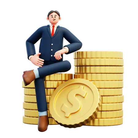 Empresario sentado sobre dinero  3D Illustration