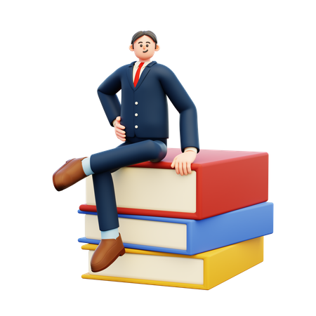 Empresario sentado en libros  3D Illustration