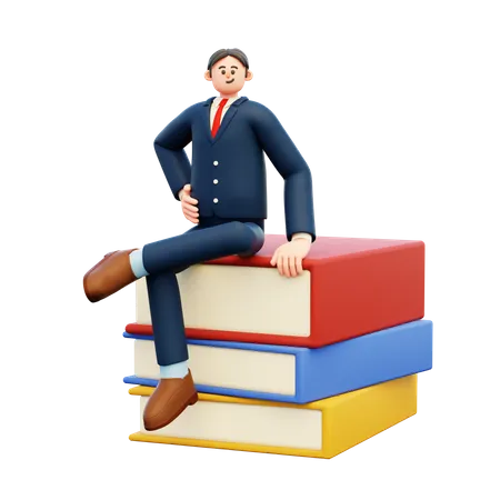 Empresario sentado en libros  3D Illustration