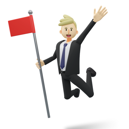 Empresario sosteniendo la bandera de objetivo de éxito y saltando  3D Icon