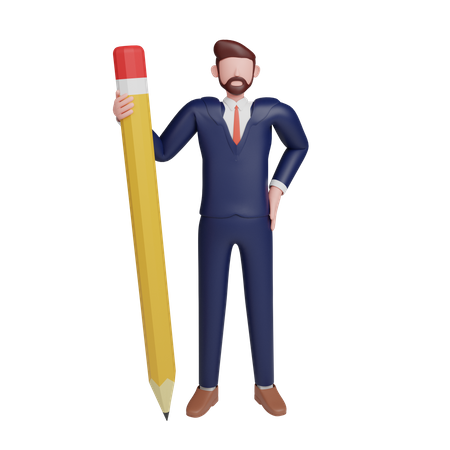Empresario sosteniendo un lápiz en uniforme de oficina  3D Illustration
