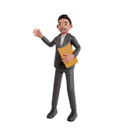 Empresario sosteniendo portapapeles mientras agita la mano  3D Illustration