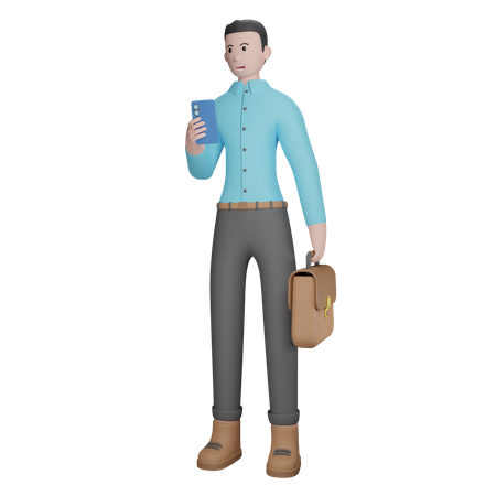 Empresario sosteniendo teléfono inteligente y maletín  3D Illustration