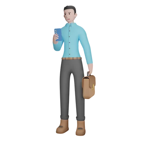 Empresario sosteniendo teléfono inteligente y maletín  3D Illustration