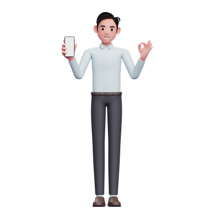 Empresario sosteniendo teléfono inteligente y mostrando el dedo ok  3D Illustration