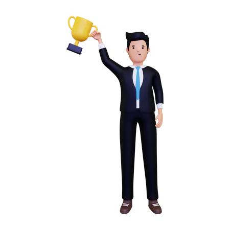 Empresario sosteniendo trofeo  3D Illustration