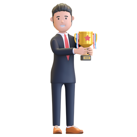 Empresario sosteniendo trofeo logro de éxito  3D Icon