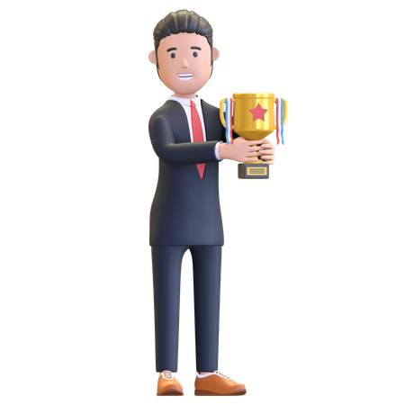 Empresario sosteniendo trofeo logro de éxito  3D Illustration