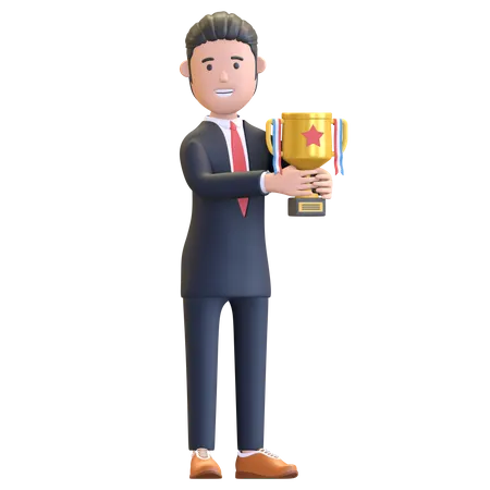 Empresario sosteniendo trofeo logro de éxito  3D Illustration