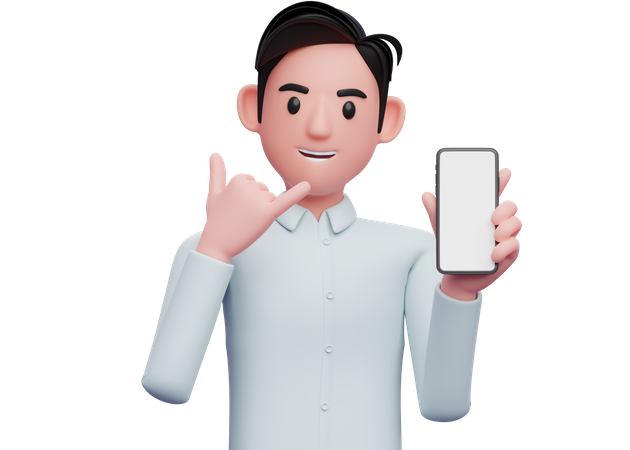 Empresario sosteniendo un teléfono celular con el gesto llámame signo dedo  3D Illustration