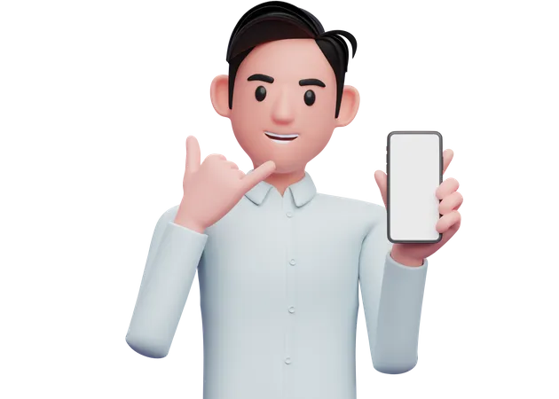 Empresario sosteniendo un teléfono celular con el gesto llámame signo dedo  3D Illustration