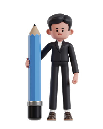 Empresario sosteniendo un lápiz grande  3D Illustration