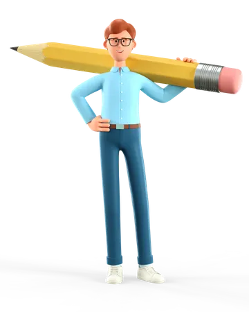Empresario sosteniendo un lápiz grande en el hombro  3D Illustration