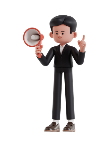 Empresario sosteniendo un megáfono mientras levanta un dedo  3D Illustration