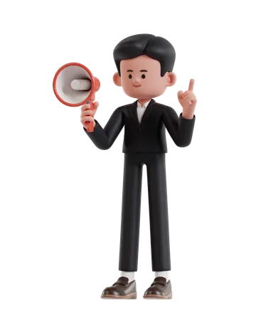 Empresario sosteniendo un megáfono mientras levanta un dedo  3D Illustration