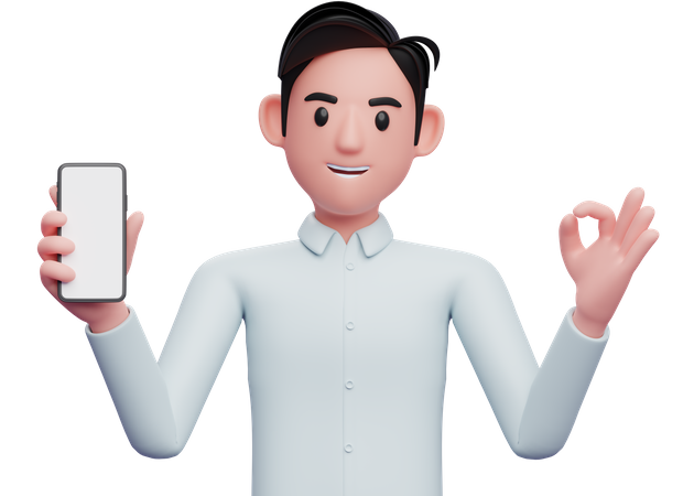 Empresario sosteniendo un teléfono celular mientras muestra un gesto de aprobación  3D Icon
