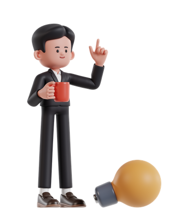 Hombre de negocios sosteniendo una taza de café e inspirándose  3D Illustration