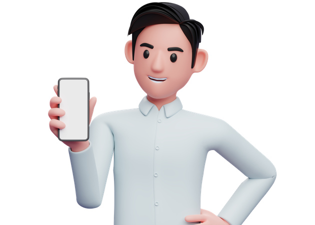 Empresario sosteniendo y mirando el teléfono con la mano izquierda en la cintura  3D Illustration