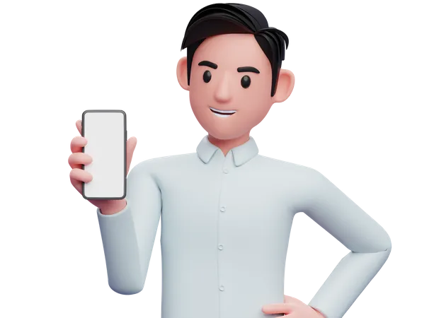 Empresario sosteniendo y mirando el teléfono con la mano izquierda en la cintura  3D Illustration